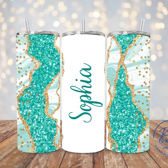 Personalized Turquoise Tumbler, Teal Glitter Tumbler, Turquoise Sparkle Tumbler - Picture 1 of 8